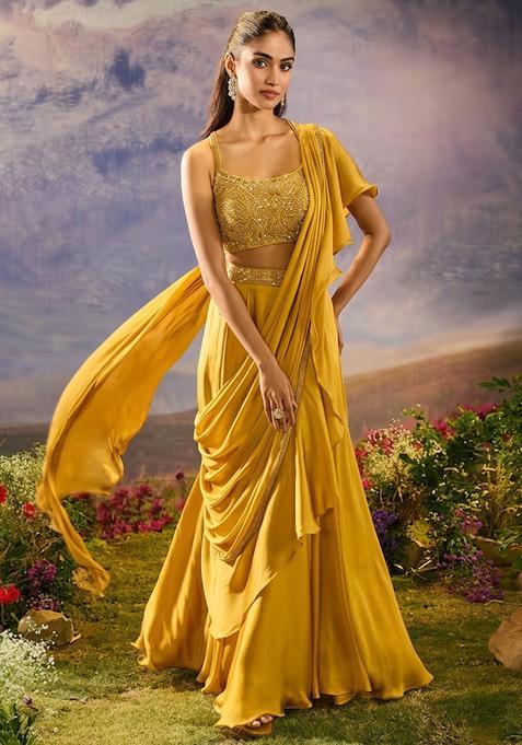 Yellow Hand Work Silk Pre Draped Saree Set