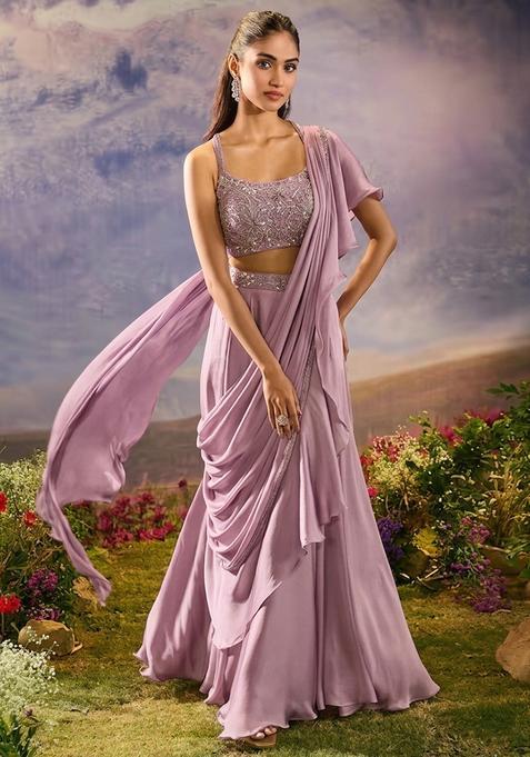 Lilac Hand Work Silk Pre Draped Saree Set