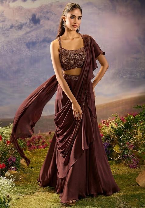 Brown Hand Work Silk Pre Draped Saree Set