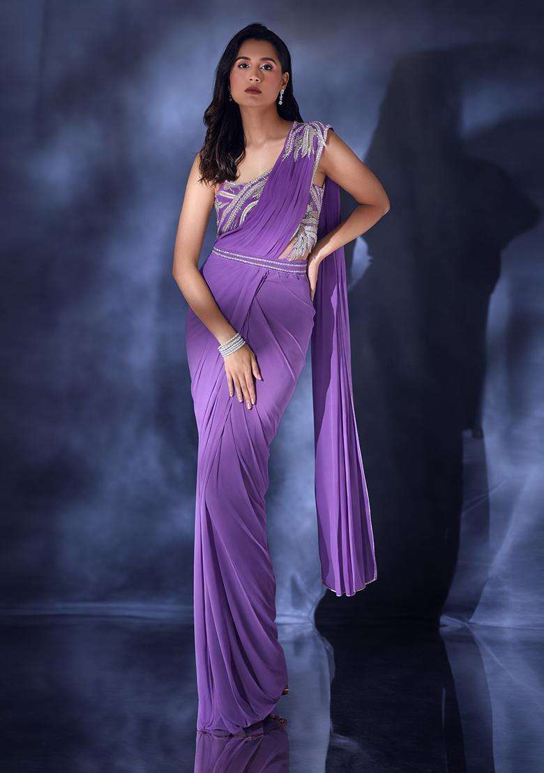 Lavender Hand Work Crepe Pre Draped Saree Set - Indya