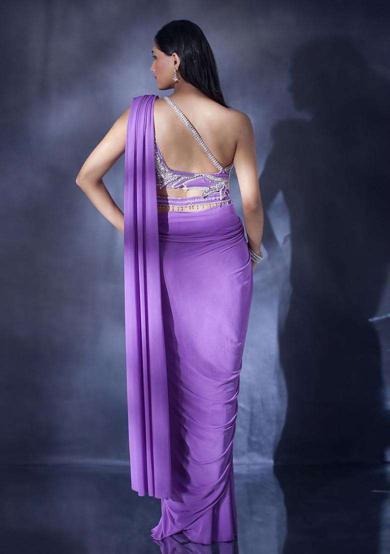 Lavender Hand Work Crepe Pre Draped Saree Set - Indya