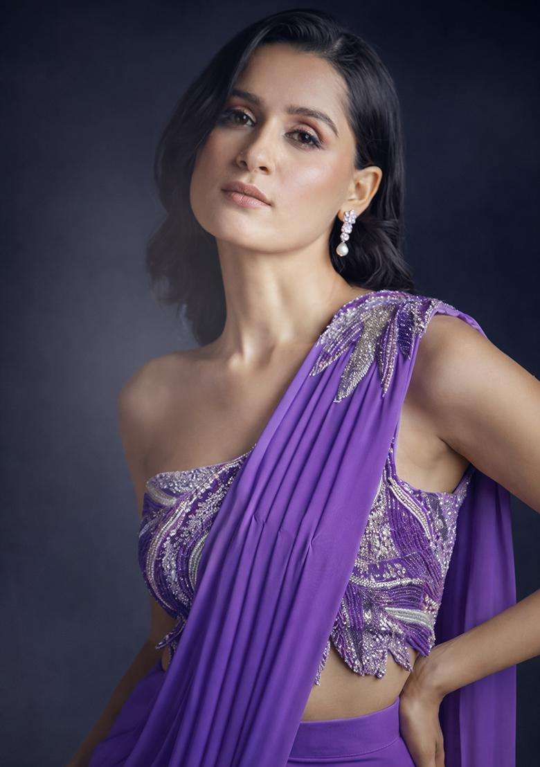Lavender Hand Work Crepe Pre Draped Saree Set - Indya