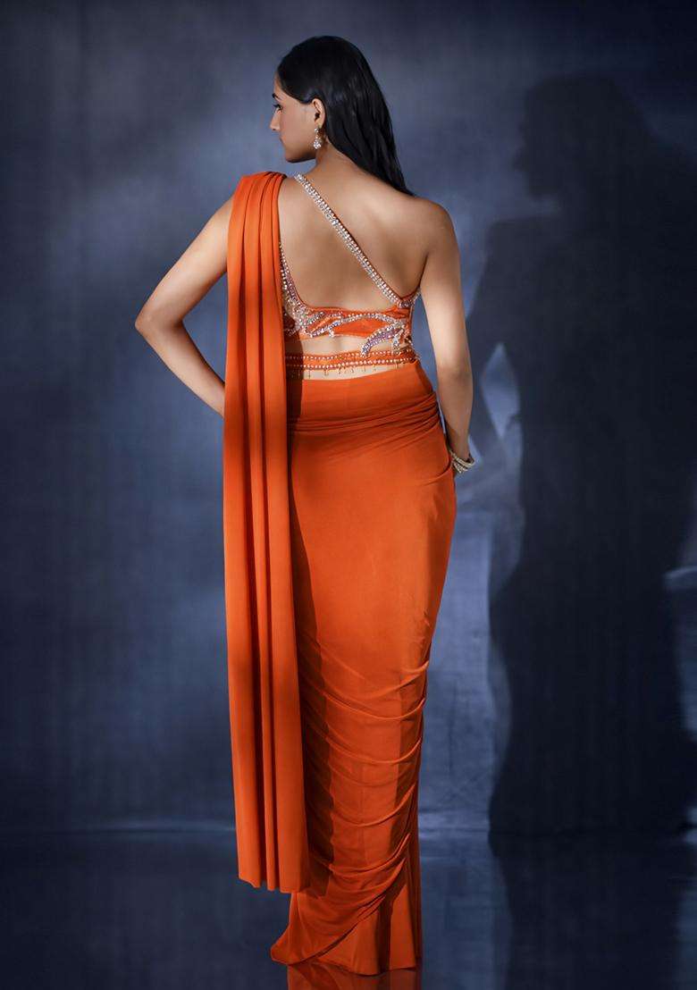 Burnt Orange Hand Work Crepe Pre Draped Saree Set - Indya