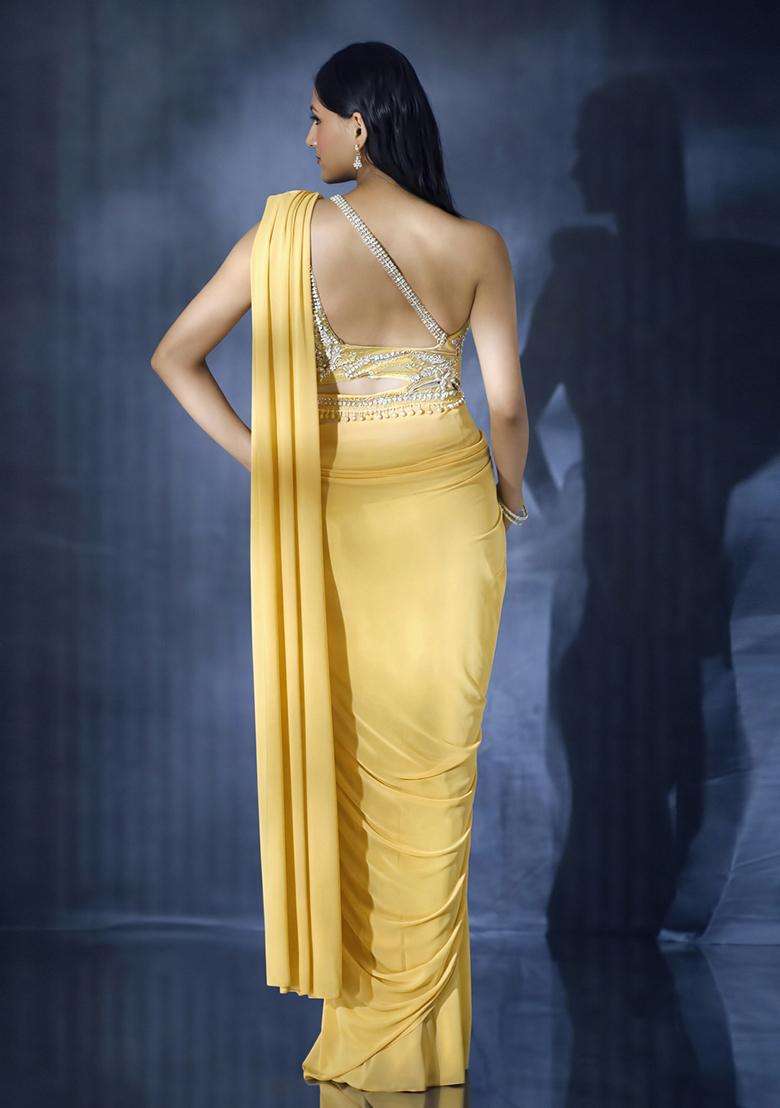Yellow Hand Work Crepe Pre Draped Saree Set - Indya