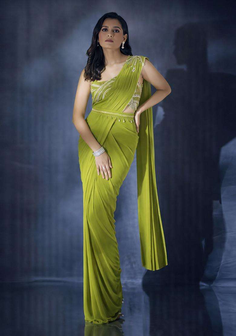 Olive Green Hand Work Crepe Pre Draped Saree Set - Indya