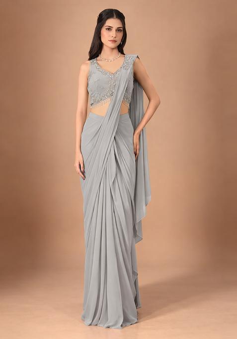 Silver Grey Hand Work Crepe Pre Draped Saree Set