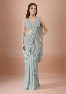 Dusty Blue Hand Work Crepe Pre Draped Saree Set
