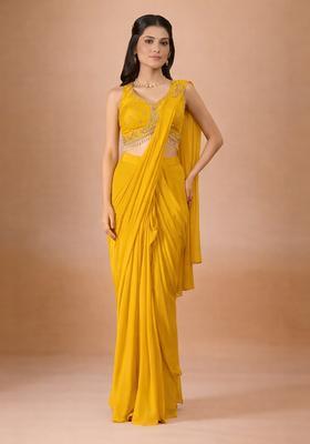 Yellow Hand Work Crepe Pre Draped Saree Set