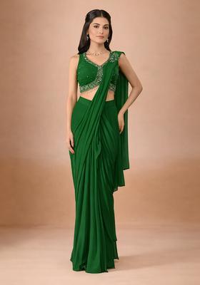 Dark Green Hand Work Crepe Pre Draped Saree Set