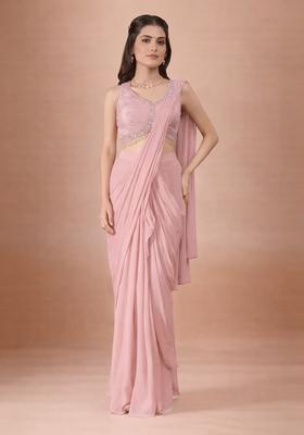 Soft Pink Hand Work Crepe Pre Draped Saree Set