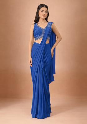 Royal Blue Hand Work Crepe Pre Draped Saree Set