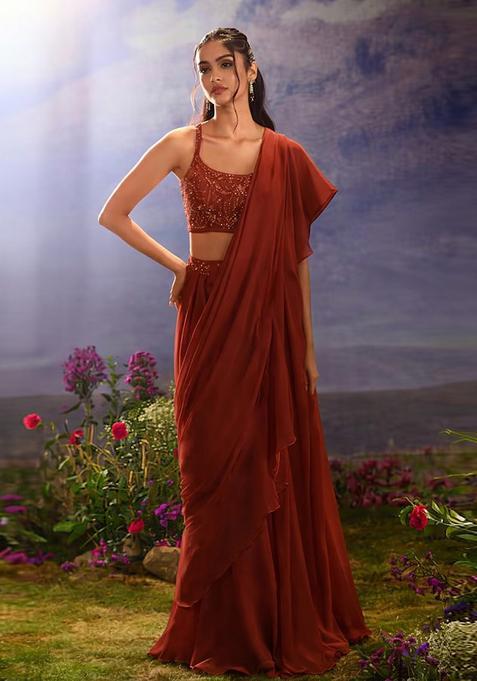 Rust Red Hand Work chinon Pre Draped Saree Set