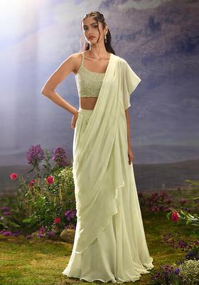 Pastel Green Hand Work chinon Pre Draped Saree Set