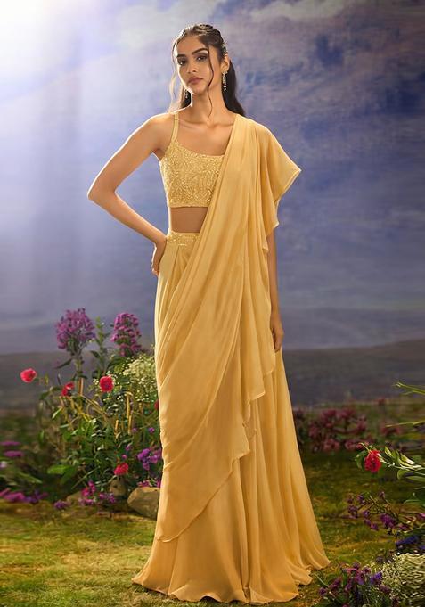 Yellow Hand Work chinon Pre Draped Saree Set