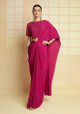 Hot Pink Hand Work Crepe Pre Draped Saree Set