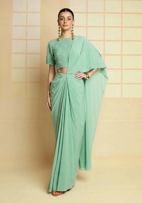 Mint Green Hand Work Crepe Pre Draped Saree Set
