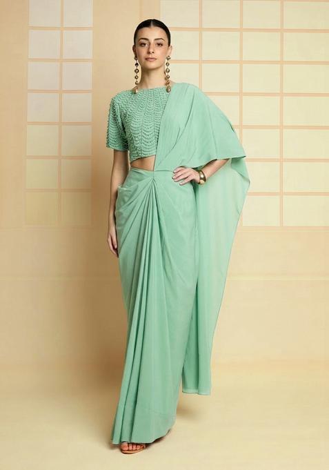 Mint Green Hand Work Crepe Pre Draped Saree Set
