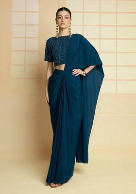 Navy Blue Hand Work Crepe Pre Draped Saree Set
