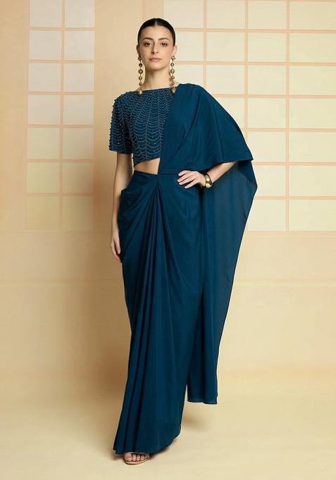 Navy Blue Hand Work Crepe Pre Draped Saree Set