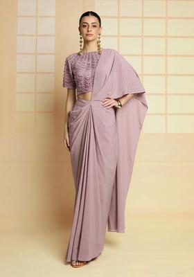 Pink Hand Work Crepe Pre Draped Saree Set