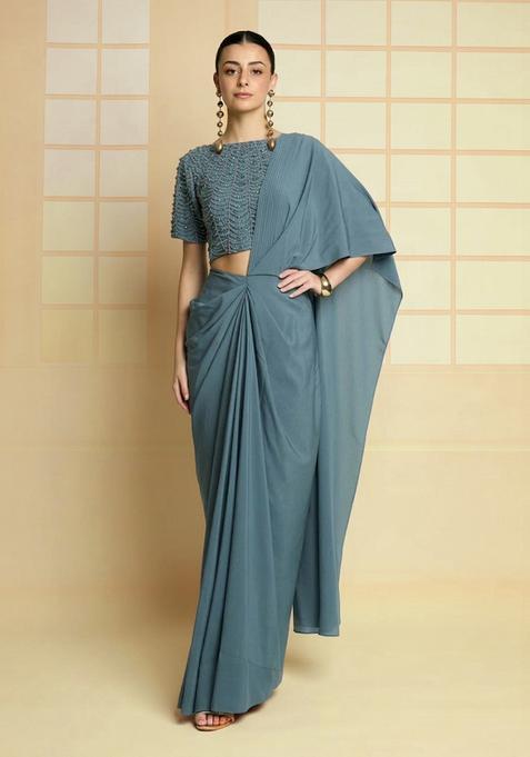 Pastel Blue Hand Work Crepe Pre Draped Saree Set
