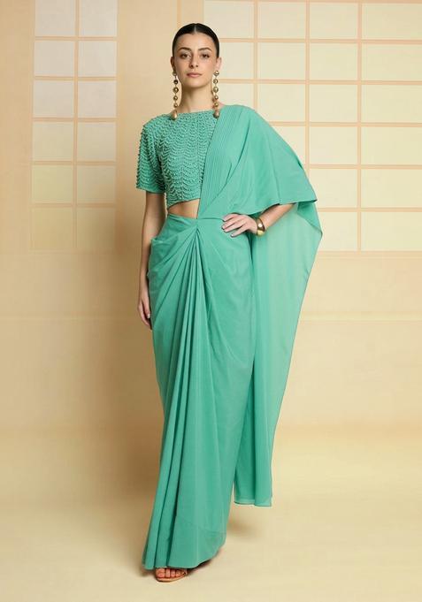 Sea Green Hand Work Crepe Pre Draped Saree Set