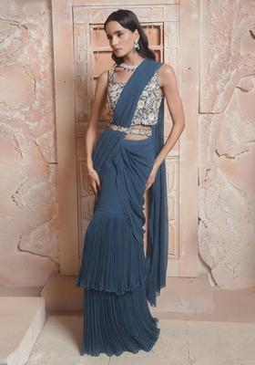 Steel Blue Hand Work Georgette Pre Draped Saree Set