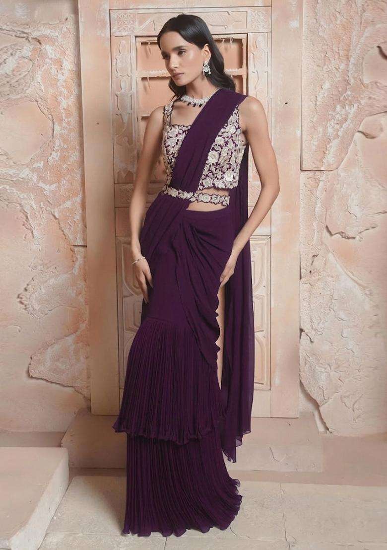 Deep Wine Hand Work Georgette Pre Draped Saree Set - Indya