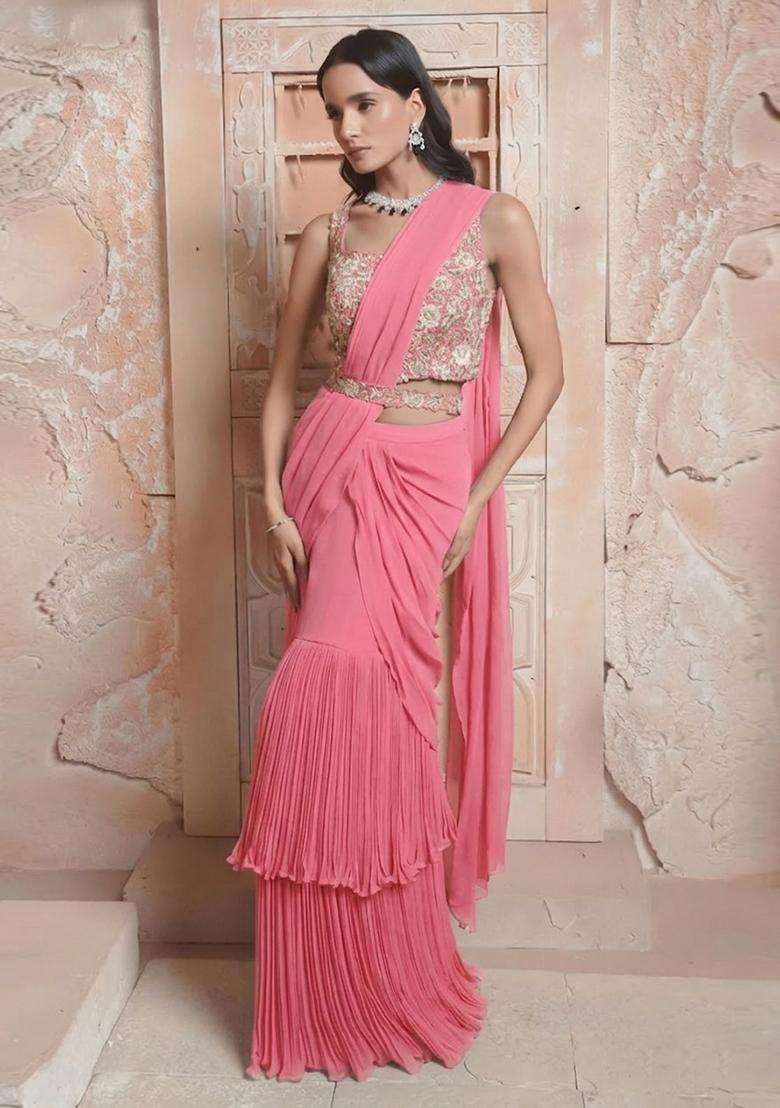 Pink Hand Work Georgette Pre Draped Saree Set - Indya