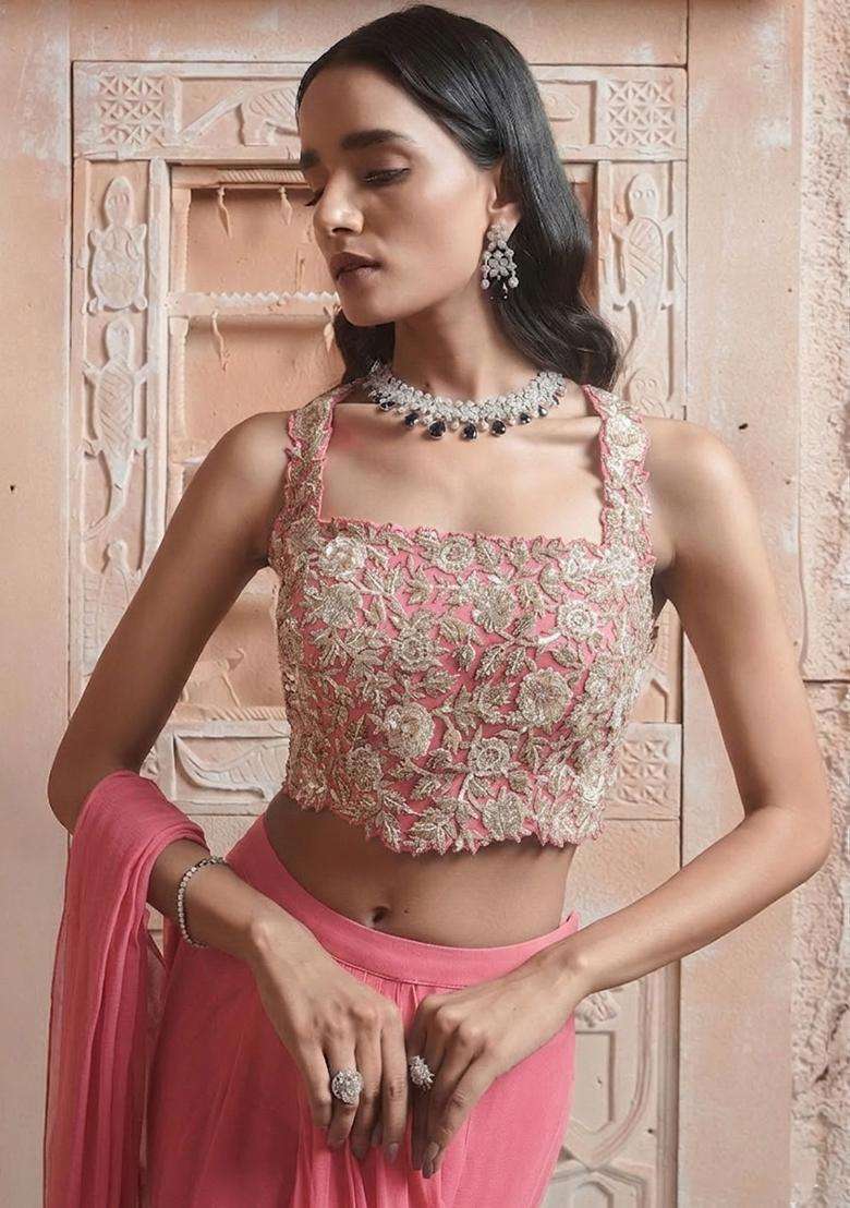 Pink Hand Work Georgette Pre Draped Saree Set - Indya