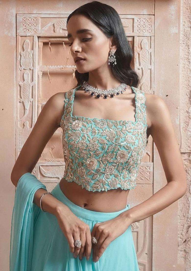 Aqua Blue Hand Work Georgette Pre Draped Saree Set - Indya