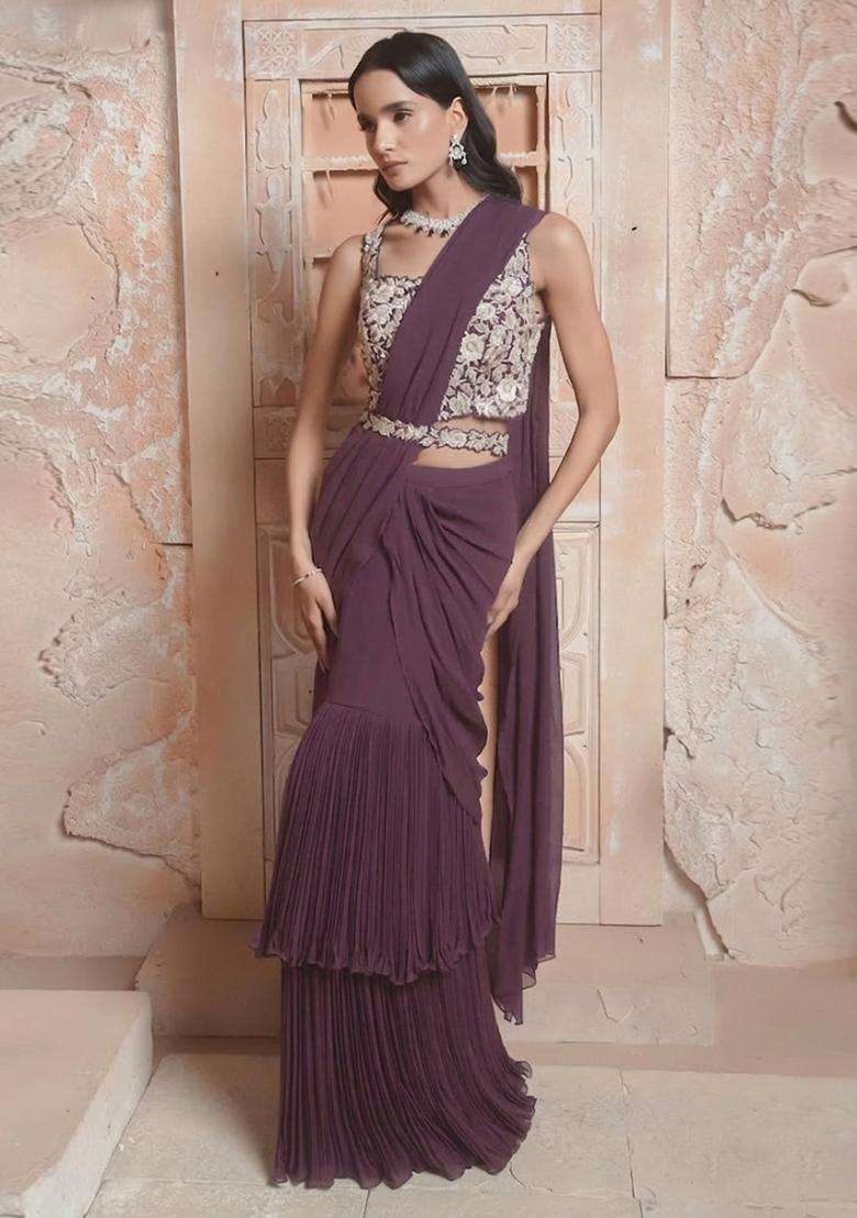 Brown Hand Work Georgette Pre Draped Saree Set - Indya