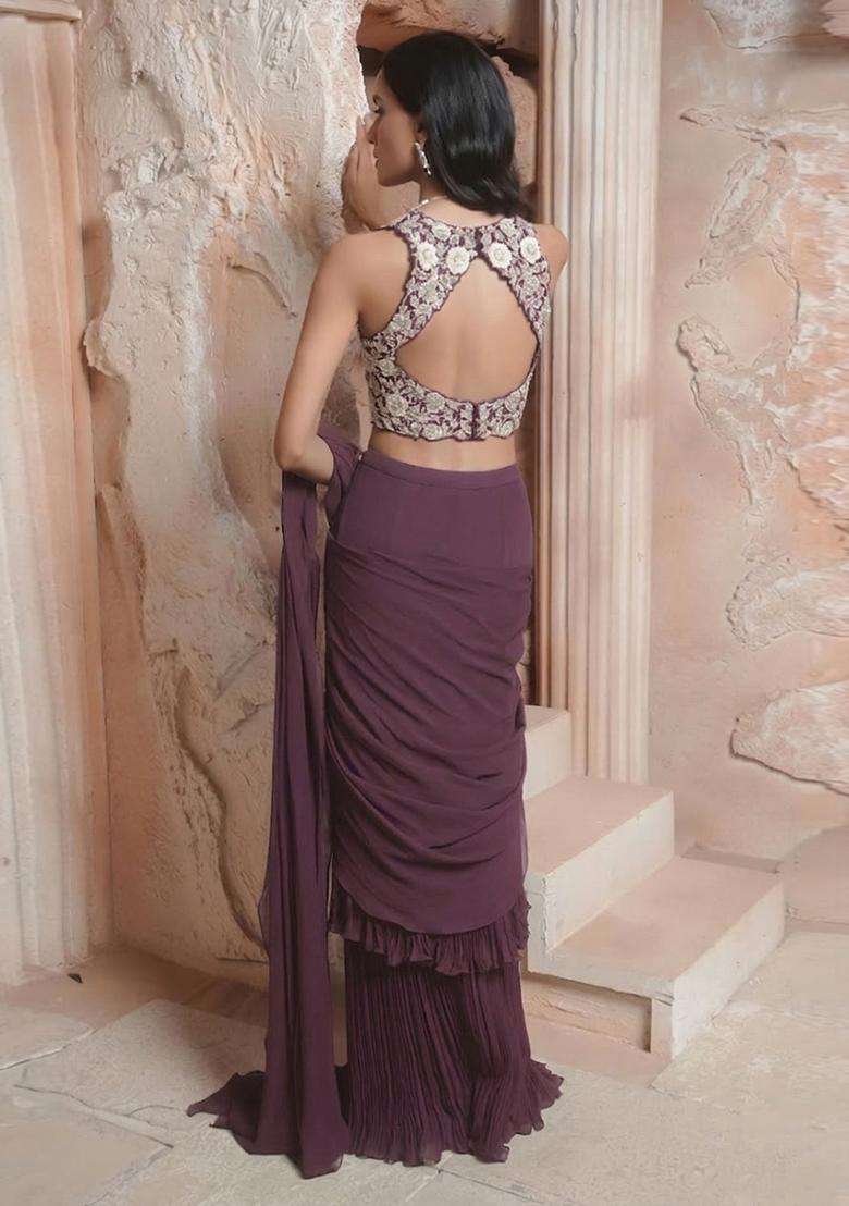 Brown Hand Work Georgette Pre Draped Saree Set - Indya