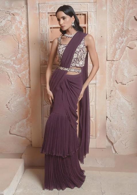 Brown Hand Work Georgette Pre Draped Saree Set