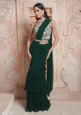 Bottle Green Hand Work Georgette Pre Draped Saree Set