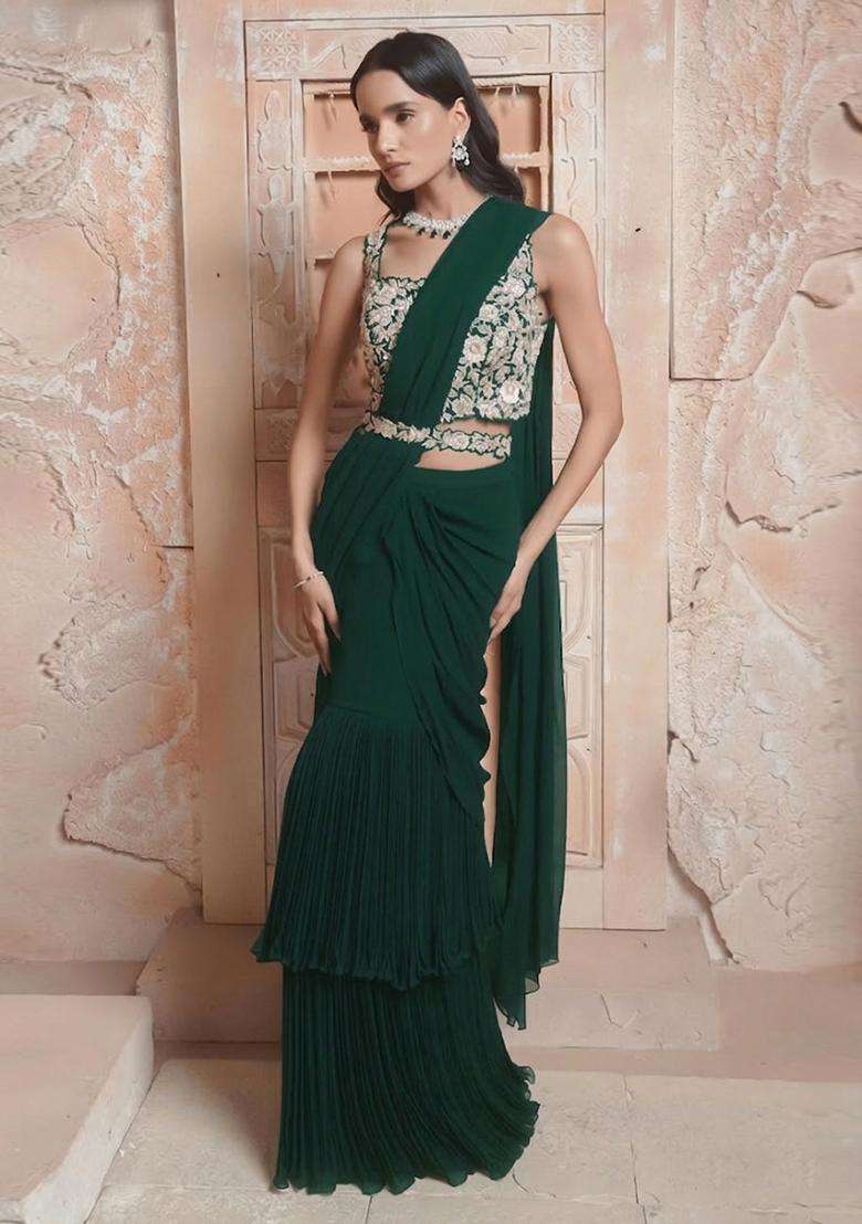 Bottle Green Hand Work Georgette Pre Draped Saree Set - Indya