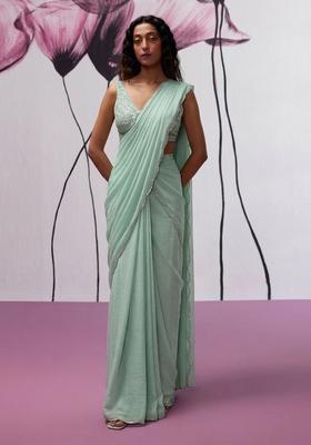 Mint Green Hand Work chinon Pre Draped Saree Set