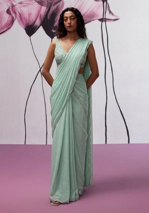 Mint Green Hand Work chinon Pre Draped Saree Set