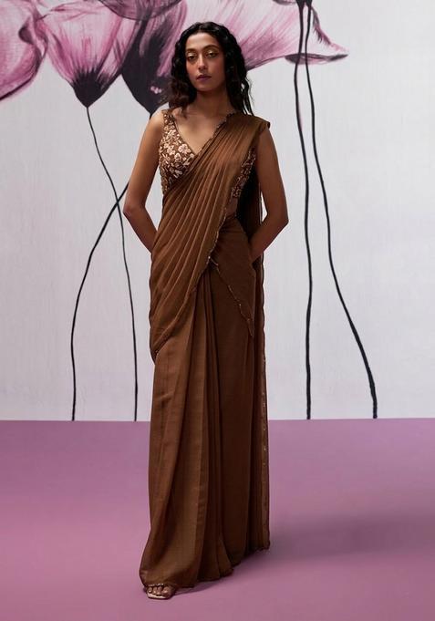 Brown Hand Work chinon Pre Draped Saree Set