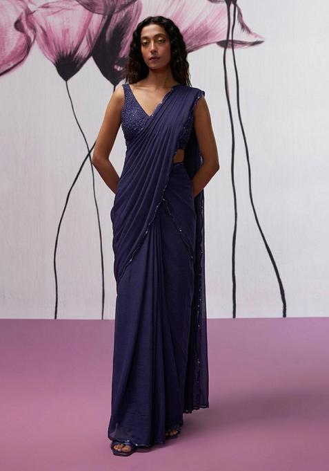 Midnight Blue Hand Work chinon Pre Draped Saree Set