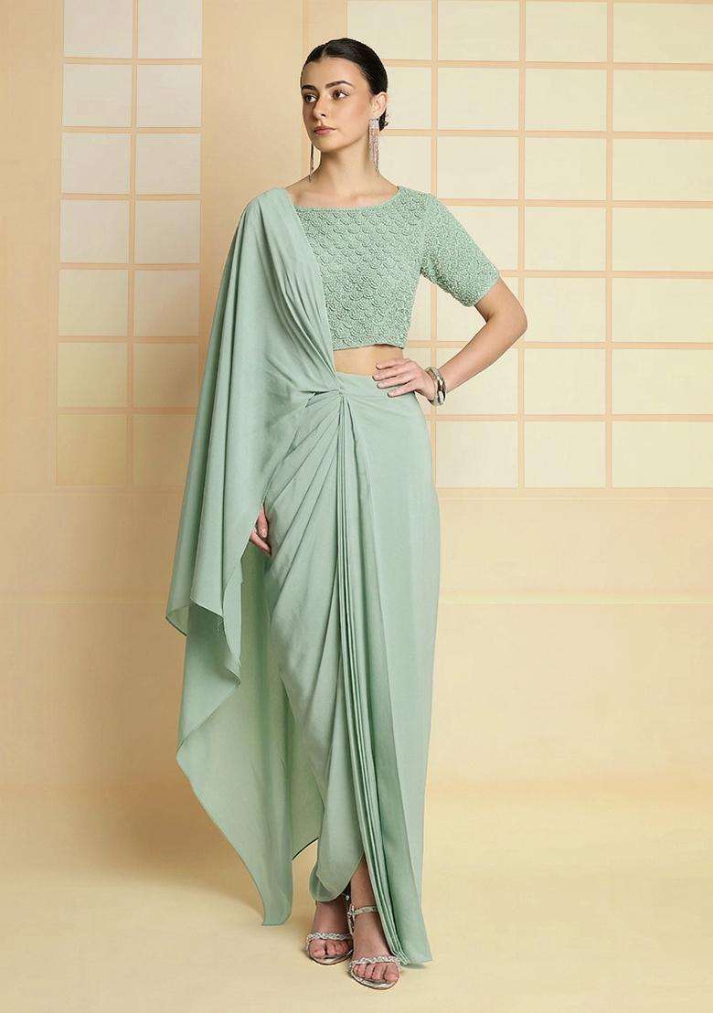 Mint Green Hand Work Crepe Fusion Set - Indya