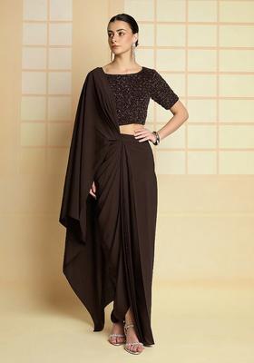 Brown Hand Work Crepe Fusion Set