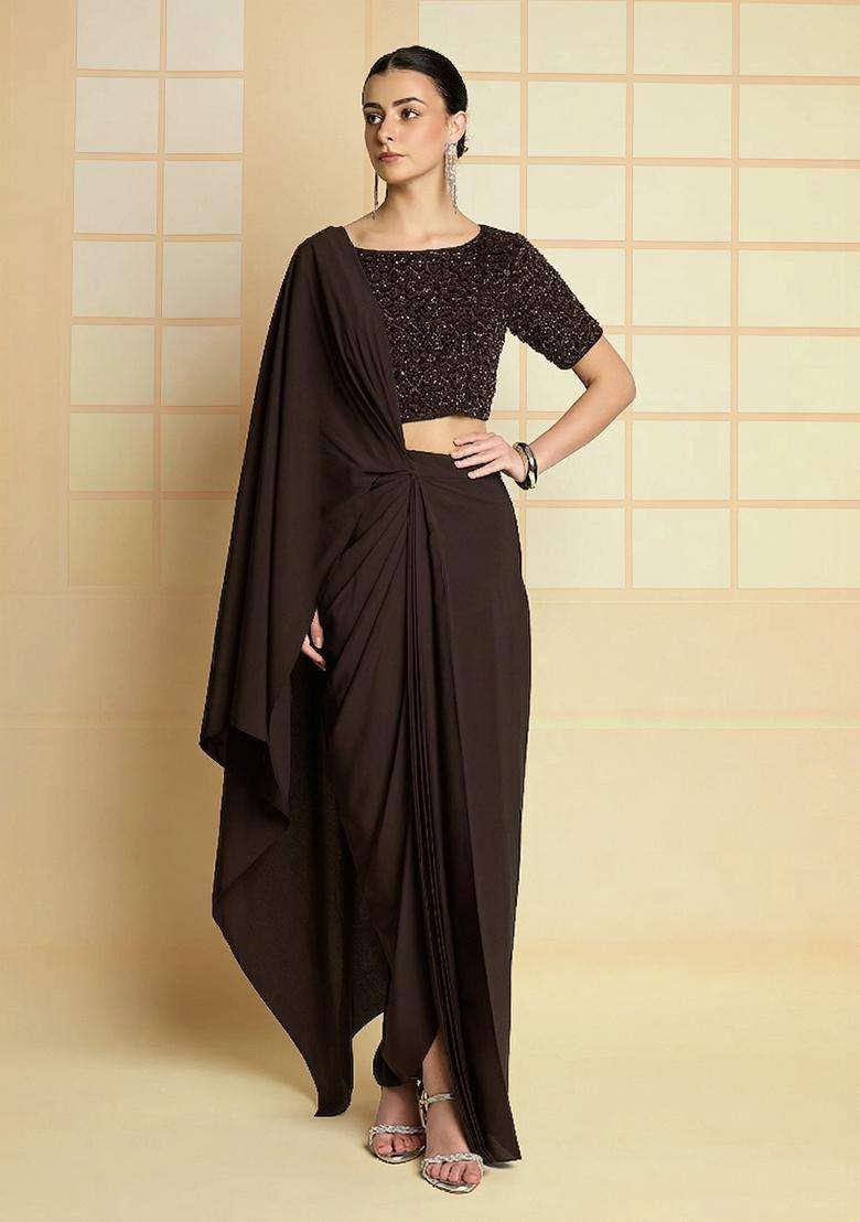 Brown Hand Work Crepe Fusion Set - Indya