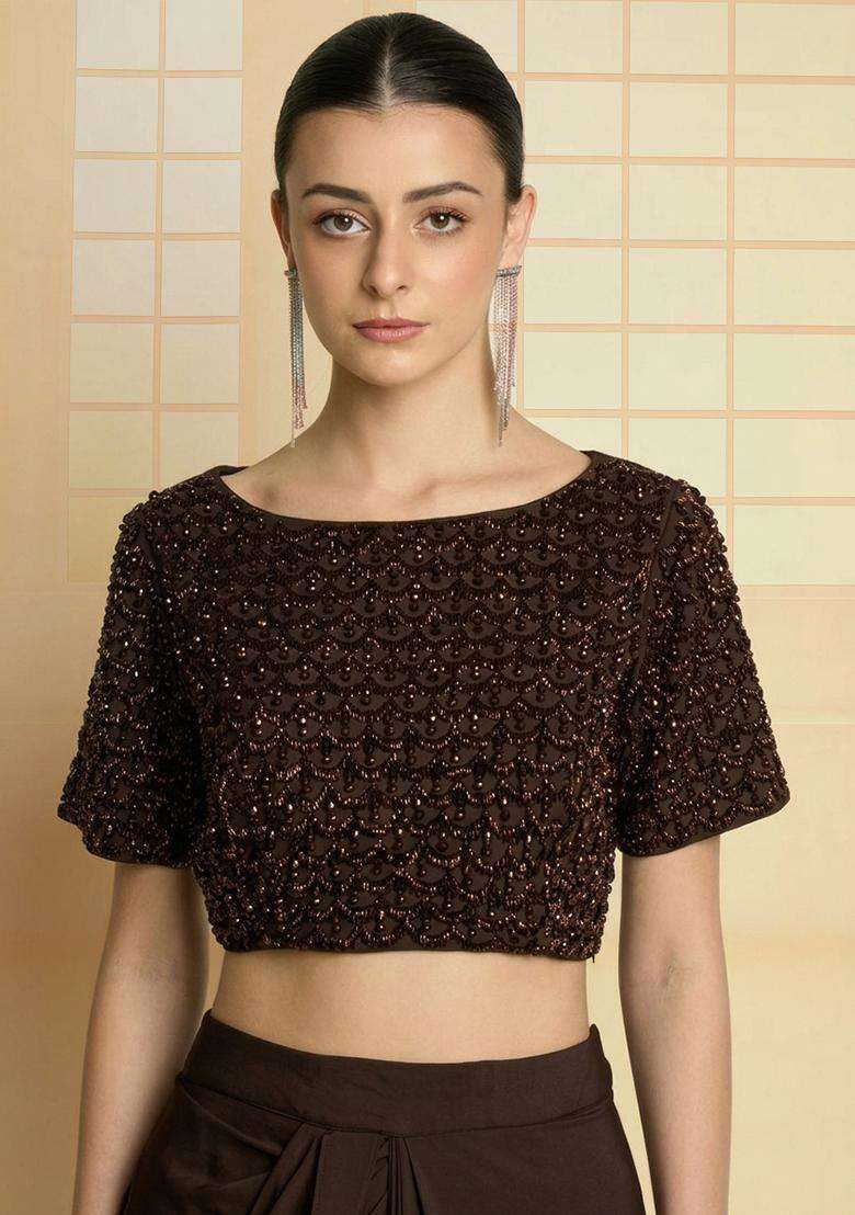 Brown Hand Work Crepe Fusion Set - Indya