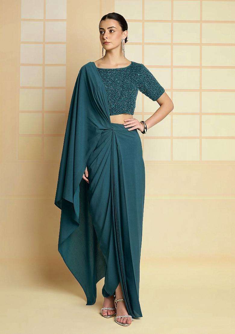 Pastel Blue Hand Work Crepe Fusion Set - Indya