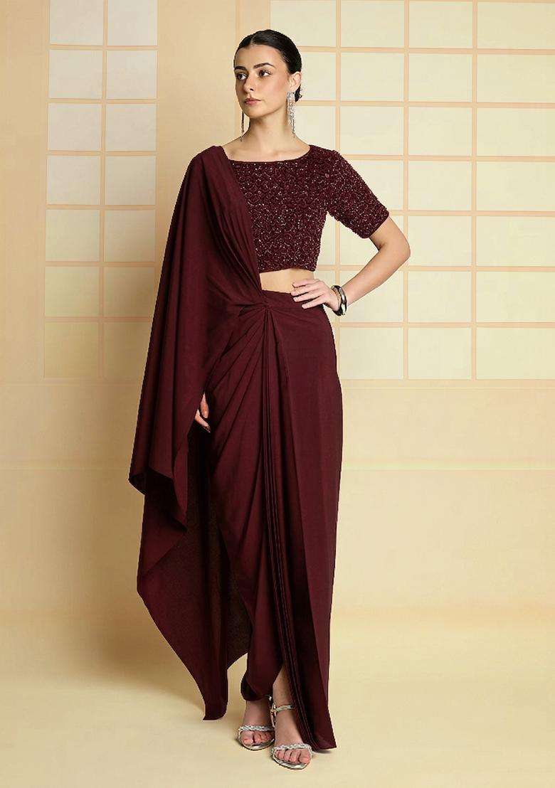 Brown Hand Work Crepe Fusion Set - Indya
