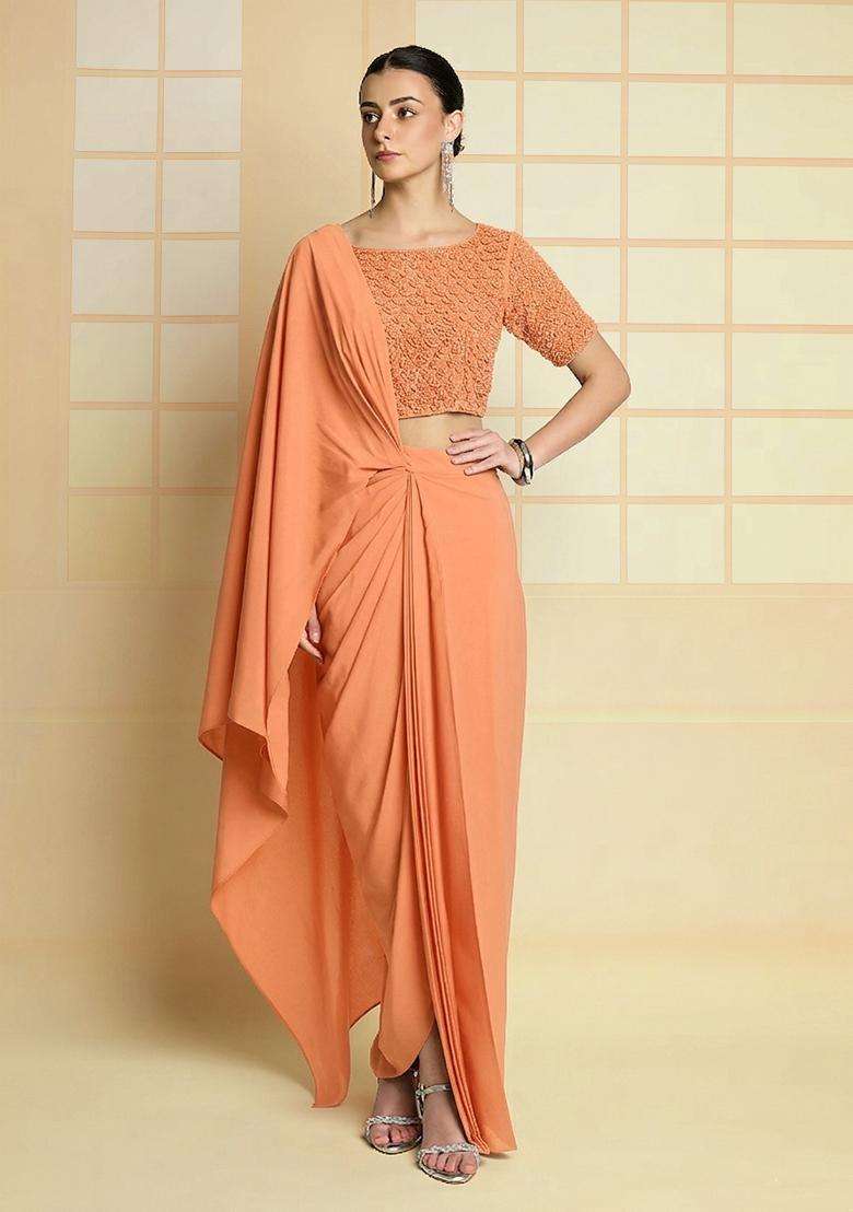 Peach Hand Work Crepe Fusion Set - Indya