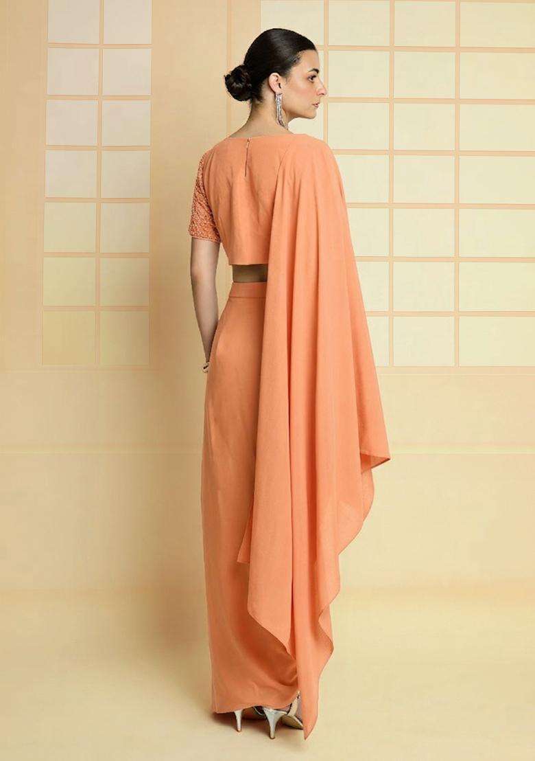 Peach Hand Work Crepe Fusion Set - Indya