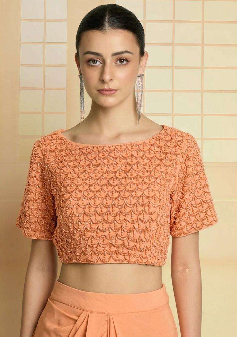 Peach Hand Work Crepe Fusion Set - Indya