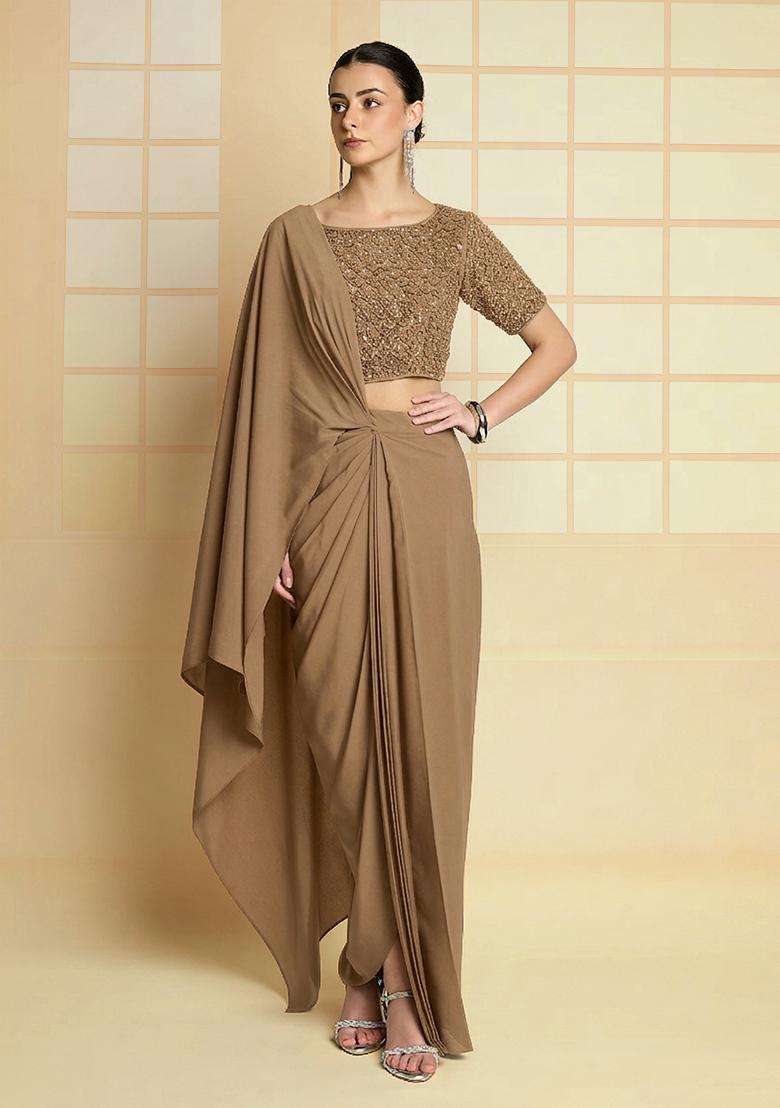 Beige Hand Work Crepe Fusion Set - Indya